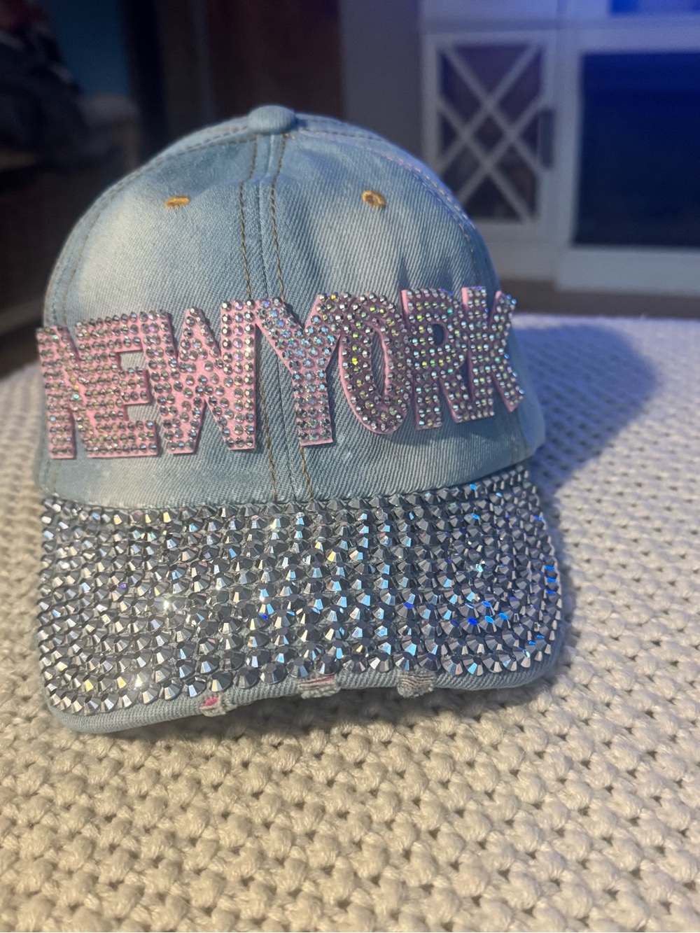 Embellished "NEW YORK" Rhinestone Denim Cap - denim-NWT